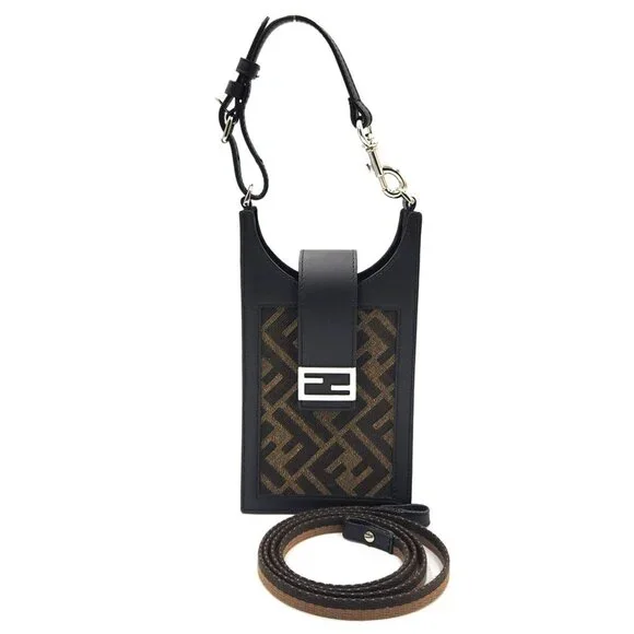 FENDI Black Leather Zucca Shoulder Bag
